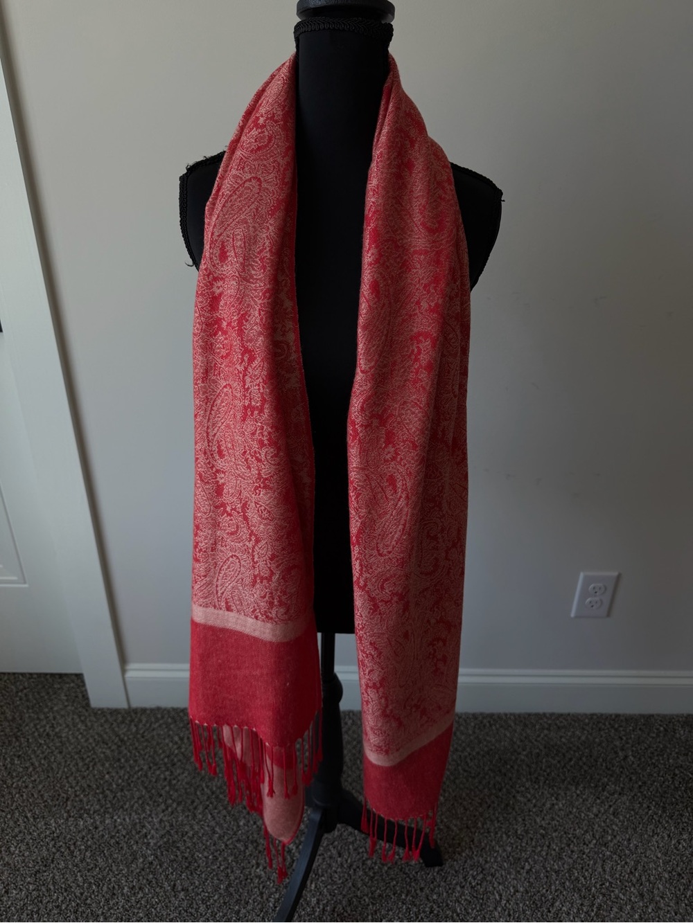 Pashmina & Silk Coral Red Paisley Fringe Scarf Boho Fall Cozy Wrap